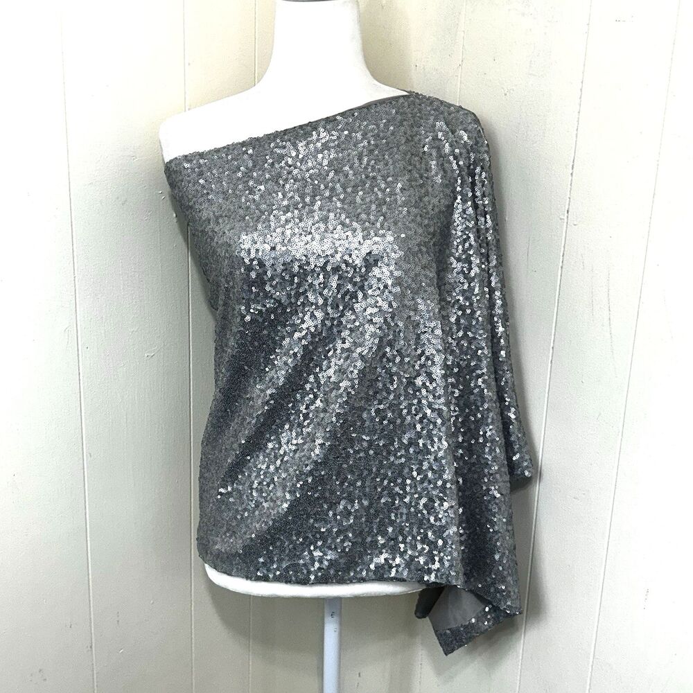 Tasha Polizzi Silver Sequins Top Blouse One Size Party Elegant One Shoulder Top